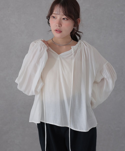Lace Ladies（レースレディース）の「フロント リボン ギャザー ボリュームスリーブ ブラウス（シャツ/ブラウス・レディース・ホワイト/ワインレッド/ネイビー・FREE）」の7枚目の写真