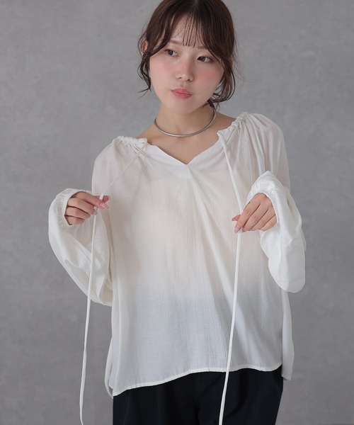 Lace Ladies（レースレディース）の「フロント リボン ギャザー ボリュームスリーブ ブラウス（シャツ/ブラウス・レディース・ホワイト/ワインレッド/ネイビー・FREE）」の9枚目の写真