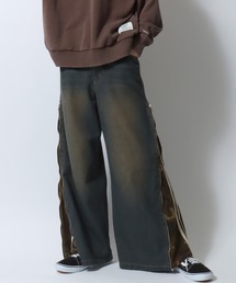 Remake Like Denim Pants/リメイク風 サイドライン レオパード カモフラ デニムパンツ バギーデニムパンツ ワイドデニムパンツ