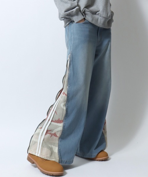 SITRY(シトリー)の「Remake Like Denim Pants/リメイク風 サイドライン レオパード カモフラ デニムパンツ バギーデニムパンツ ワイドデニムパンツ(デニムパンツ・メンズ・ネイビー/ブラック/ブラック系その他/ブルー・M/L)」の4枚目の写真