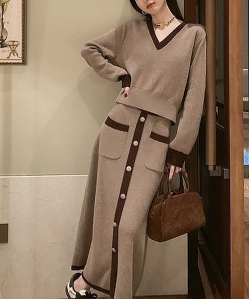 セール】配色ニットトップス×ロングスカート 2点セット（セットアップ