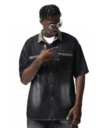 HELLOJUN（へロージュン）の「Leopard Shade Overfit Denim Short Sleeve Shirt [Black]（シャツ/ブラウス）」
