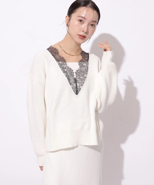 Mystrada（マイストラーダ）の「Ｖネックレースプルオーバー（ニット/セーター・レディース・ベージュ系その他/グリーン系その他2/ホワイト/グレー・38）」の2枚目の写真