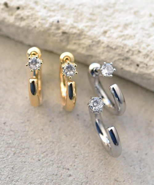 styiro(スタイロ)の「【2WAY / Silver 925ポスト】1粒ビジューバックキャッチ メタルフープピアス(ピアス(両耳用)・レディース・シルバー/ゴールド・FREE)」の4枚目の写真