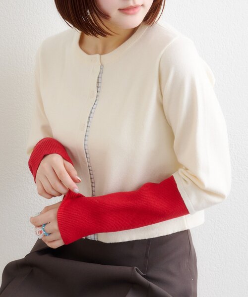 w closet（ダブルクローゼット）の「チェックシャツレイヤードカーディガン（カーディガン/ボレロ・レディース・グレー/アイボリー/イエロー/ブラウン/レッド・FREE）」の2枚目の写真