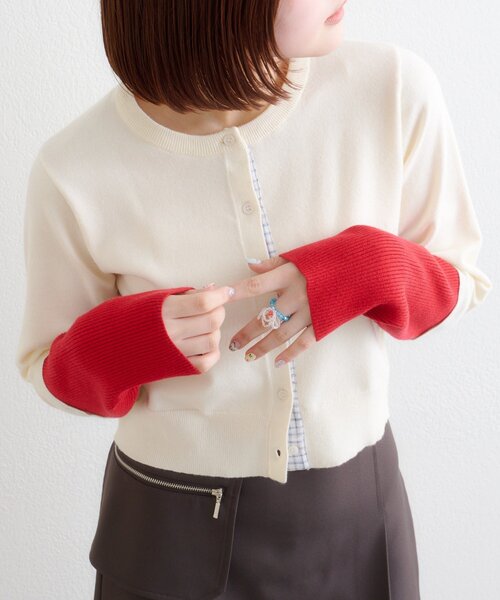 w closet（ダブルクローゼット）の「チェックシャツレイヤードカーディガン（カーディガン/ボレロ・レディース・グレー/アイボリー/イエロー/ブラウン/レッド・FREE）」の7枚目の写真