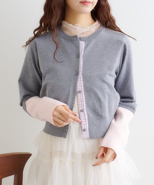 w closet（ダブルクローゼット）の「チェックシャツレイヤードカーディガン（カーディガン/ボレロ・レディース・グレー/アイボリー/イエロー/ブラウン/レッド・FREE）」の19枚目の写真