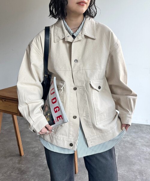 CPCM(シーピーシーエム)の「USAコットンデニムカバーオール(デニムジャケット・レディース・ブラック/アイボリー/ネイビー/ブルー・MEDIUM/LARGE)」の1枚目の写真