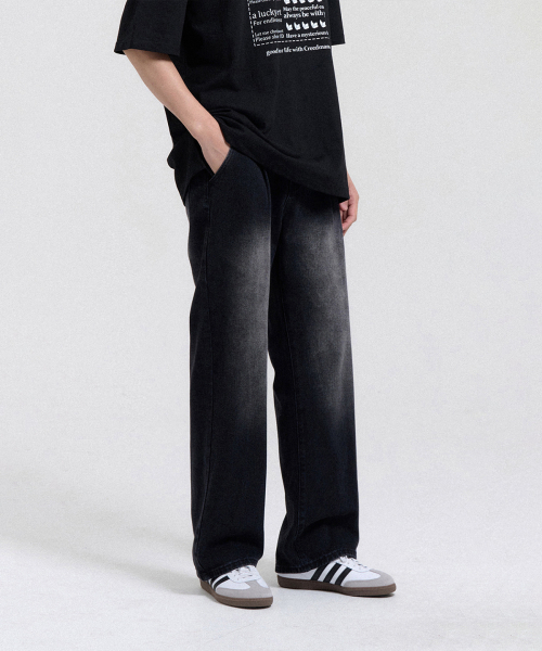 CREEDMENS(クリードマンズ)の「リードハーフバンディングワンタックセミワイドデニムパンツ(ブラック)(スラックス・メンズ・ブラック・S/M/L/XL/XXL)」の1枚目の写真