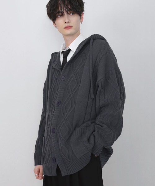 LILL(リル)の「ルーズシルエットケーブルスプリングニットパーカー(ニット/セーター・メンズ・ブラック/ダークブルー/チャコールグレー・M/S/XL/L)」の2枚目の写真