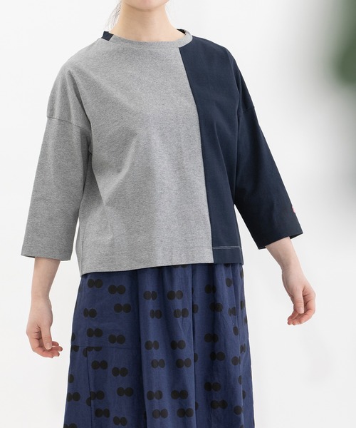 nop de nod(ノップドゥノッド)の「天竺バイカラー7分袖Tシャツ(Tシャツ/カットソー・レディース・キナリ/グレー/オフホワイト・3)」の3枚目の写真