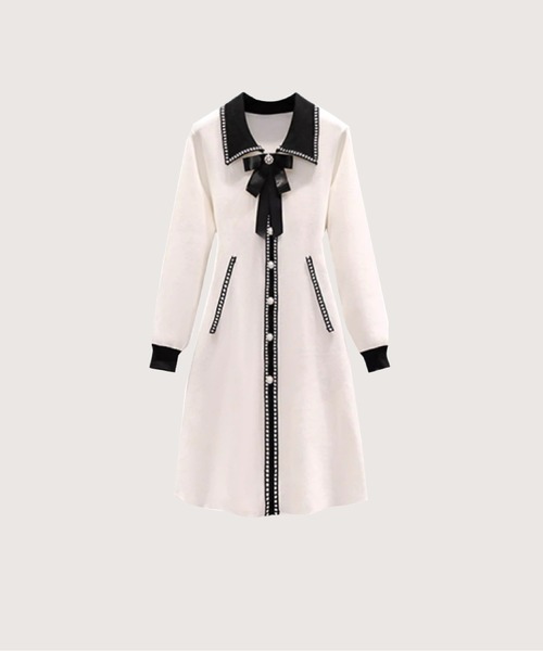 LA POMME petit(ラポミ・プチ)の「Elegant Piping Knit One Piece(ワンピース・レディース・ブラック/アイボリー・FREE)」の2枚目の写真