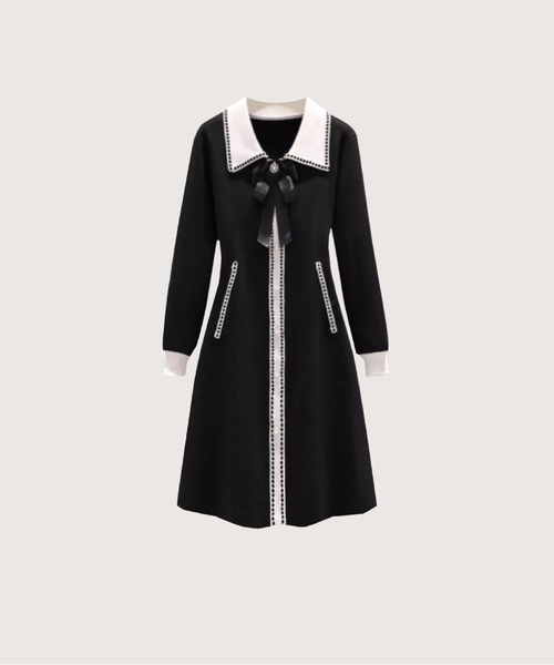 LA POMME petit(ラポミ・プチ)の「Elegant Piping Knit One Piece(ワンピース・レディース・ブラック/アイボリー・FREE)」の1枚目の写真