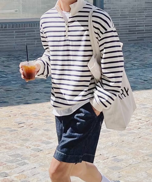 NOWLE（ノウル）の「【NOWLE】ボーダー ハーフジップ プルオーバー リブ Tシャツ / カットソー（Tシャツ/カットソー・メンズ・ホワイト・LARGE/MEDIUM/X-LARGE）」の4枚目の写真