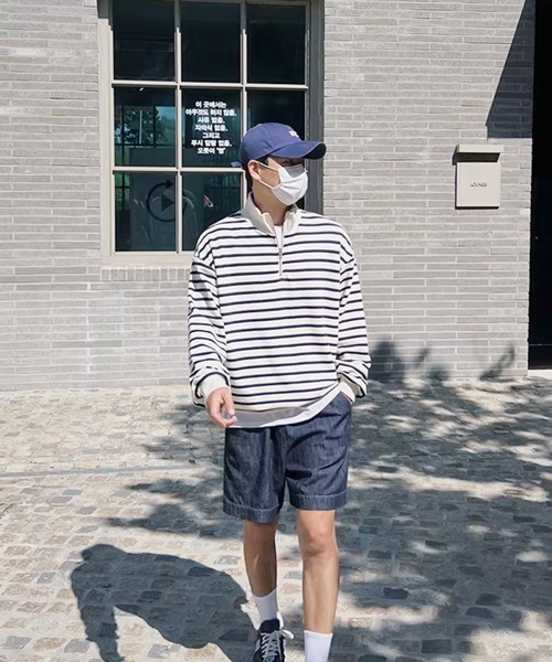 NOWLE（ノウル）の「【NOWLE】ボーダー ハーフジップ プルオーバー リブ Tシャツ / カットソー（Tシャツ/カットソー・メンズ・ホワイト・LARGE/MEDIUM/X-LARGE）」の6枚目の写真