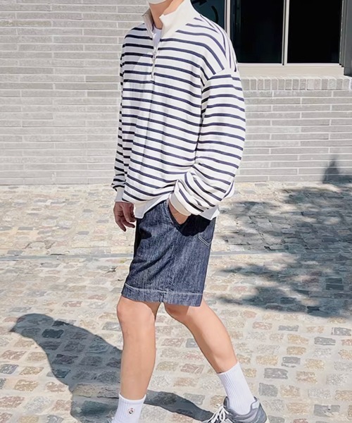 NOWLE（ノウル）の「【NOWLE】ボーダー ハーフジップ プルオーバー リブ Tシャツ / カットソー（Tシャツ/カットソー・メンズ・ホワイト・LARGE/MEDIUM/X-LARGE）」の7枚目の写真