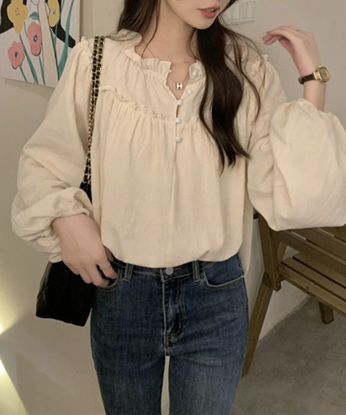 mielu(ミエル)の「前開きフリル長袖ブラウス(シャツ/ブラウス・レディース・ブラック/アイボリー・MEDIUM/LARGE)」の1枚目の写真
