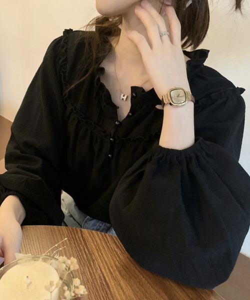mielu(ミエル)の「前開きフリル長袖ブラウス(シャツ/ブラウス・レディース・ブラック/アイボリー・MEDIUM/LARGE)」の3枚目の写真