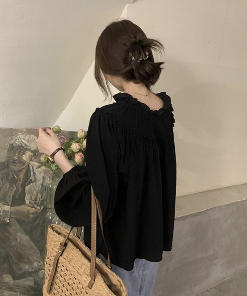 mielu(ミエル)の「前開きフリル長袖ブラウス(シャツ/ブラウス・レディース・ブラック/アイボリー・MEDIUM/LARGE)」の7枚目の写真