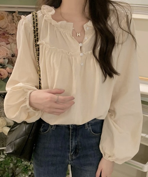 mielu(ミエル)の「前開きフリル長袖ブラウス(シャツ/ブラウス・レディース・ブラック/アイボリー・MEDIUM/LARGE)」の11枚目の写真