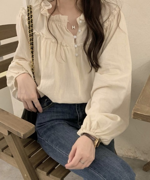 mielu(ミエル)の「前開きフリル長袖ブラウス(シャツ/ブラウス・レディース・ブラック/アイボリー・MEDIUM/LARGE)」の12枚目の写真