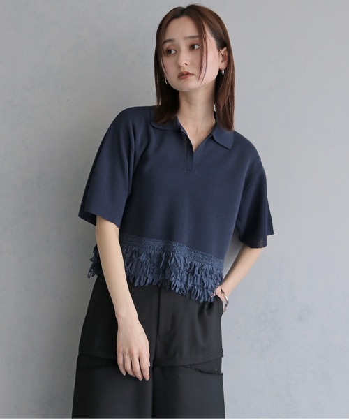 &g'aime(アンジェム)の「【&g'aime】ループ切替ショートポロニット LOOP SWITCH SHORT POLO KNIT(ニット/セーター・レディース・ブラック/ネイビー/オフホワイト・FREE)」の3枚目の写真