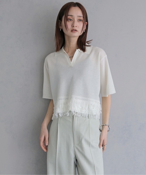 &g'aime(アンジェム)の「【&g'aime】ループ切替ショートポロニット LOOP SWITCH SHORT POLO KNIT(ニット/セーター・レディース・ブラック/ネイビー/オフホワイト・FREE)」の2枚目の写真