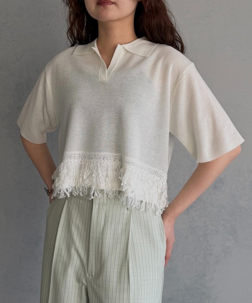 &g'aime(アンジェム)の「【&g'aime】ループ切替ショートポロニット LOOP SWITCH SHORT POLO KNIT(ニット/セーター・レディース・ブラック/ネイビー/オフホワイト・FREE)」の4枚目の写真