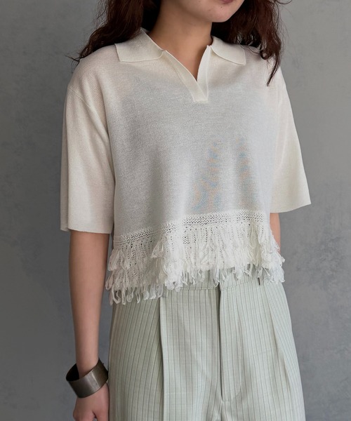 &g'aime(アンジェム)の「【&g'aime】ループ切替ショートポロニット LOOP SWITCH SHORT POLO KNIT(ニット/セーター・レディース・ブラック/ネイビー/オフホワイト・FREE)」の6枚目の写真