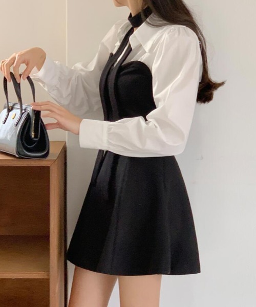 semplice（センプリチェ）の「シャツドッキング ネックタイ トップス（シャツ/ブラウス・レディース・ホワイト/ブルー・F）」の9枚目の写真