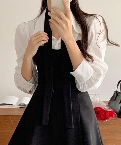semplice（センプリチェ）の「シャツドッキング ネックタイ トップス（シャツ/ブラウス・レディース・ホワイト/ブルー・F）」の5枚目の写真