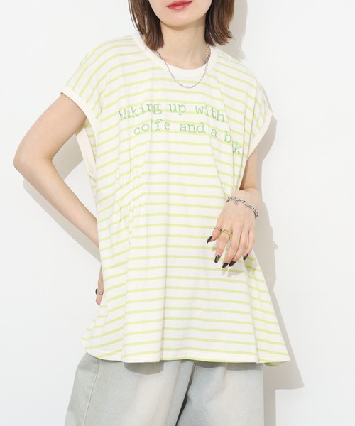 Arinomama（アリノママ）の「Arinomama ボーダー 刺繍ロゴ フレンチスリーブ Tシャツ 230g 21s空紡糸度詰（Tシャツ/カットソー・レディース・ブラック系その他/ライトグリーン系/ブルー系その他・FREE）」の2枚目の写真