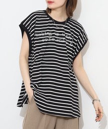 Arinomama ボーダー 刺繍ロゴ フレンチスリーブ Tシャツ 230g 21s空紡糸度詰