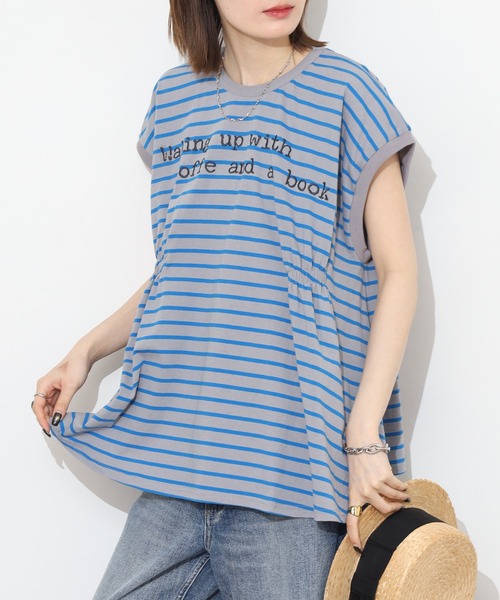 Arinomama（アリノママ）の「Arinomama ボーダー 刺繍ロゴ フレンチスリーブ Tシャツ 230g 21s空紡糸度詰（Tシャツ/カットソー・レディース・ブラック系その他/ライトグリーン系/ブルー系その他・FREE）」の3枚目の写真