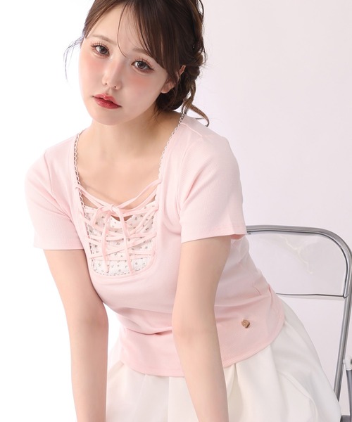 one after another NICE CLAUP(ワンアフターアナザーナイスクラップ)の「レースアップテレコトップス(Tシャツ/カットソー・レディース・サックスブルー/ブラック/ピンク/アイボリー・FREE)」の4枚目の写真