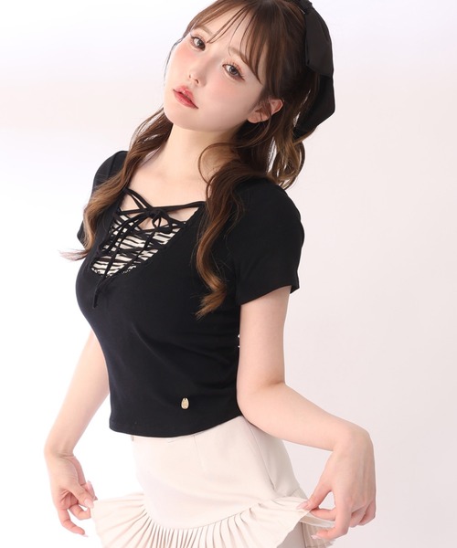one after another NICE CLAUP(ワンアフターアナザーナイスクラップ)の「レースアップテレコトップス(Tシャツ/カットソー・レディース・サックスブルー/ブラック/ピンク/アイボリー・FREE)」の1枚目の写真