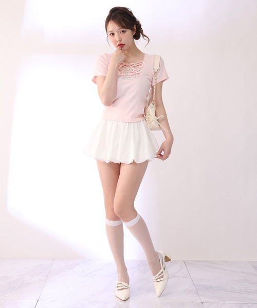 one after another NICE CLAUP(ワンアフターアナザーナイスクラップ)の「レースアップテレコトップス(Tシャツ/カットソー・レディース・サックスブルー/ブラック/ピンク/アイボリー・FREE)」の10枚目の写真