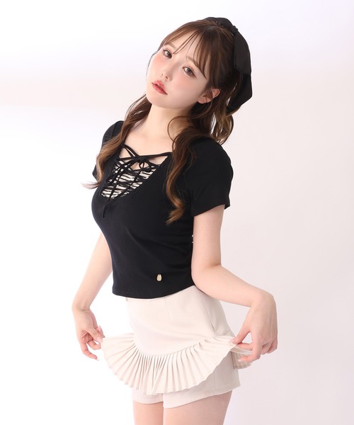 one after another NICE CLAUP(ワンアフターアナザーナイスクラップ)の「レースアップテレコトップス(Tシャツ/カットソー・レディース・サックスブルー/ブラック/ピンク/アイボリー・FREE)」の8枚目の写真