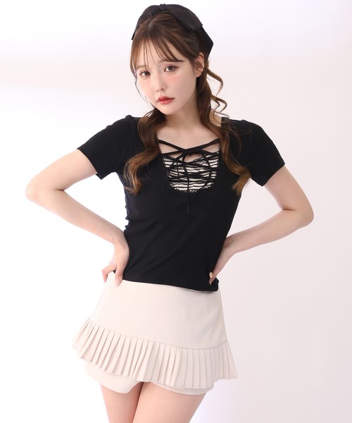one after another NICE CLAUP(ワンアフターアナザーナイスクラップ)の「レースアップテレコトップス(Tシャツ/カットソー・レディース・サックスブルー/ブラック/ピンク/アイボリー・FREE)」の7枚目の写真