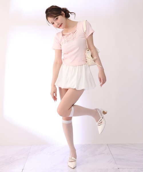 one after another NICE CLAUP(ワンアフターアナザーナイスクラップ)の「レースアップテレコトップス(Tシャツ/カットソー・レディース・サックスブルー/ブラック/ピンク/アイボリー・FREE)」の9枚目の写真