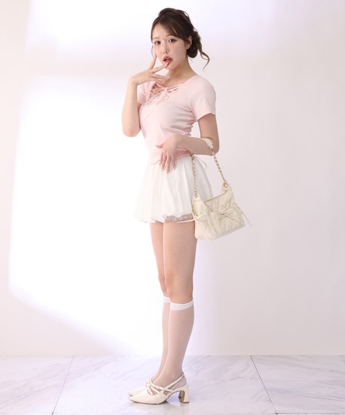 one after another NICE CLAUP(ワンアフターアナザーナイスクラップ)の「レースアップテレコトップス(Tシャツ/カットソー・レディース・サックスブルー/ブラック/ピンク/アイボリー・FREE)」の11枚目の写真