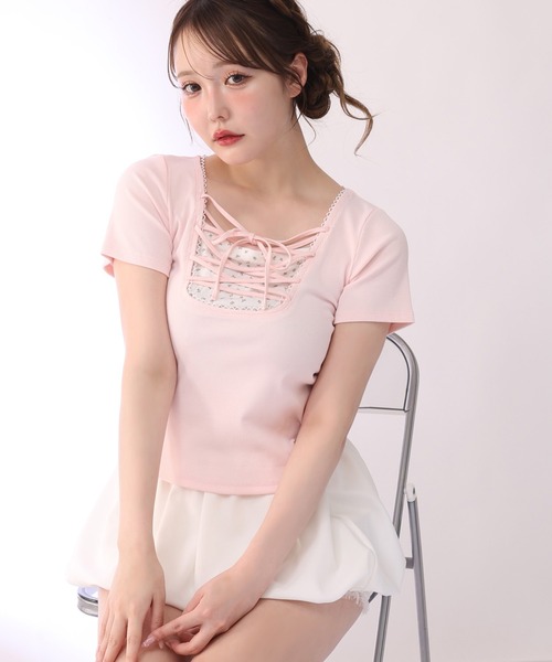 one after another NICE CLAUP(ワンアフターアナザーナイスクラップ)の「レースアップテレコトップス(Tシャツ/カットソー・レディース・サックスブルー/ブラック/ピンク/アイボリー・FREE)」の14枚目の写真