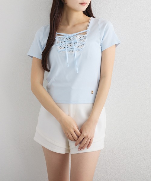 one after another NICE CLAUP(ワンアフターアナザーナイスクラップ)の「レースアップテレコトップス(Tシャツ/カットソー・レディース・サックスブルー/ブラック/ピンク/アイボリー・FREE)」の15枚目の写真