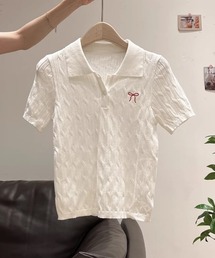 リボン刺繍ケーブルニットポロトップス