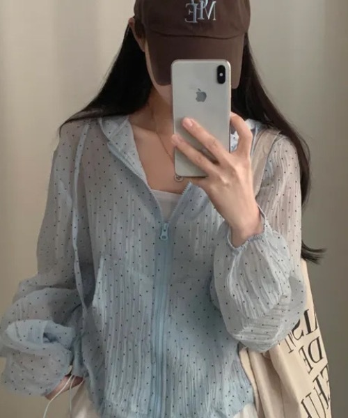 Teem Store(チームストア)の「ドット柄シアージップパーカー 日差し対策 梅雨対策(パーカー・レディース・ブルー/ホワイト・F)」の3枚目の写真