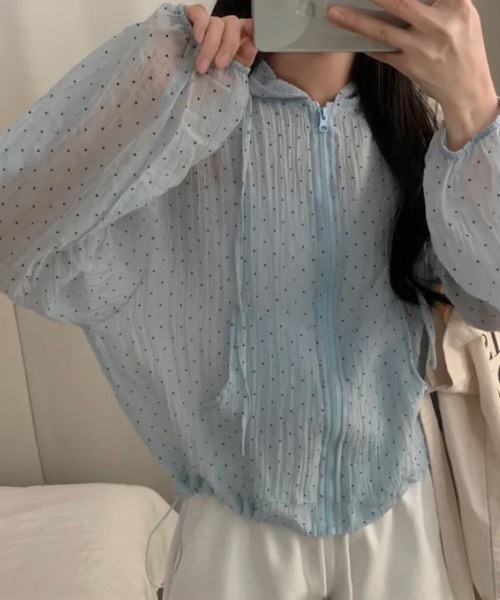 Teem Store(チームストア)の「ドット柄シアージップパーカー 日差し対策 梅雨対策(パーカー・レディース・ブルー/ホワイト・F)」の12枚目の写真