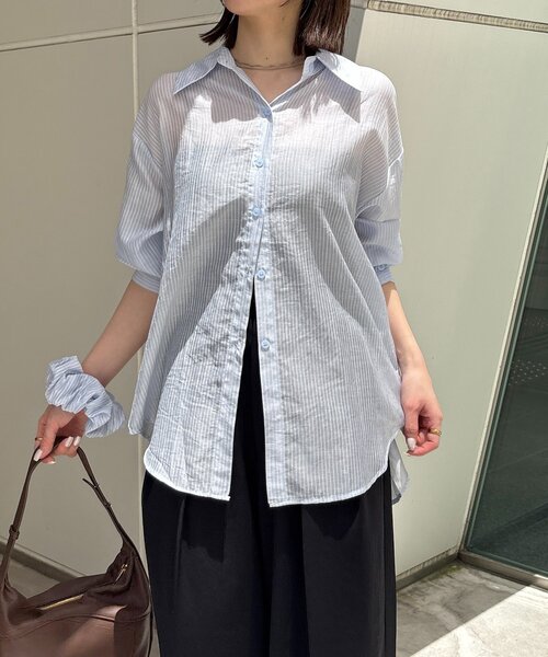 Thevon(ゼボン)の「シアーストライプシャツ×シュシュセット(シャツ/ブラウス・レディース・グリーン/イエロー/ピンク/サックスブルー・FREE)」の8枚目の写真