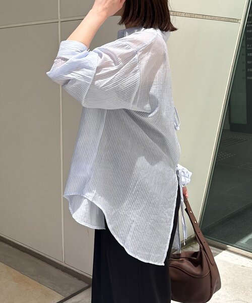 Thevon(ゼボン)の「シアーストライプシャツ×シュシュセット(シャツ/ブラウス・レディース・グリーン/イエロー/ピンク/サックスブルー・FREE)」の9枚目の写真