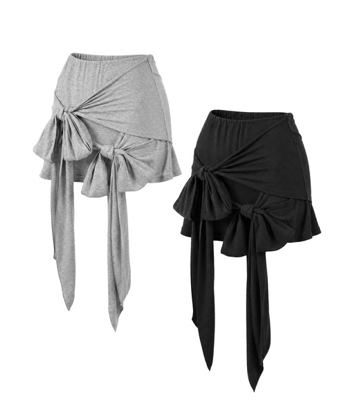 me+em select(ミームセレクト)の「【 2color 】ダブルレイヤードリボンドレープミニスカパン / double layered ribbon draped mini skirt pants ※※(スカート・レディース・ブラック/グレー・FREE)」の16枚目の写真