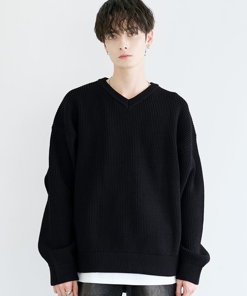 LILL(リル)の「マルチファンクションルーズシルエットVネックニット【静電防止/抗ピリング/ウォッシャブル】(ニット/セーター・メンズ・ブラック/オフホワイト・L/M/S/XL)」の15枚目の写真